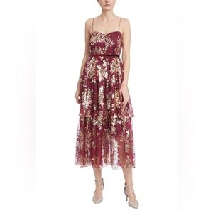 Badgley Mischka Tiered Metallic Tulle Midi Dress